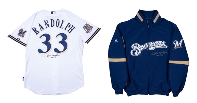Lot of (2) 2010 Willie Randolph Game Used and Signed Milwaukee Brewers Coaches Home Jersey and Cold Weather Jacket (Randolph LOA) 